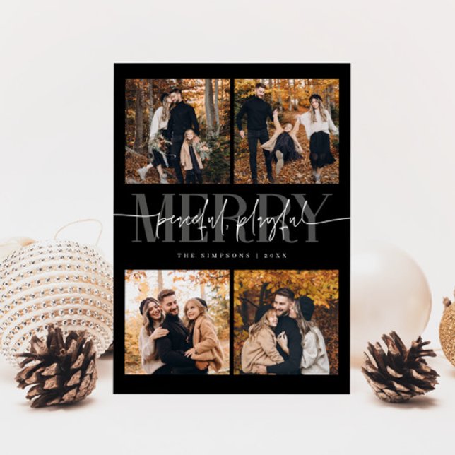 Peaceful Playful Merry Black Christmas Multi Photo Holiday Card (Creator Uploaded)