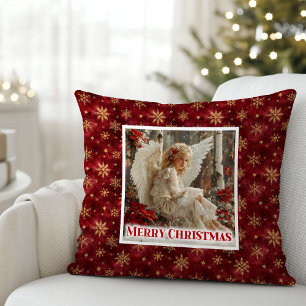 Peaceful Poinsettia Angel Christmas Gift Pillow