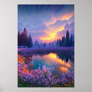 Peaceful Pond amid Violet Flora Poster