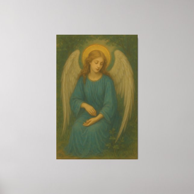 Peaceful Prayer Angel – Golden Halo White Wing Gua Canvas Print (Front)