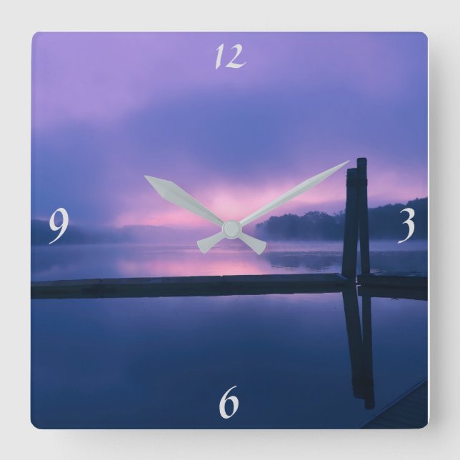 Peaceful Purple/Pink Sunrise Landscape over Water Square Wall Clock (Front)