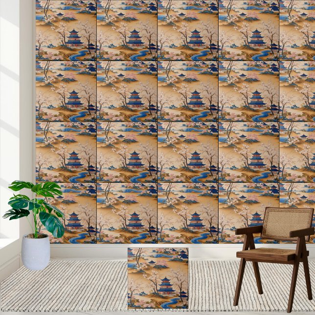 Peaceful River and Pagoda Art Chinoiserie Tile (Peaceful River and Pagoda Art Chinoiserie Tile)