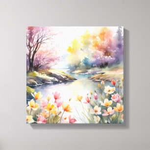 Peaceful Riverbank Watercolor Canvas Print