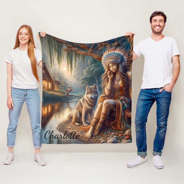 Peaceful riverside with a wolf friend fleece blanket (In Situ)