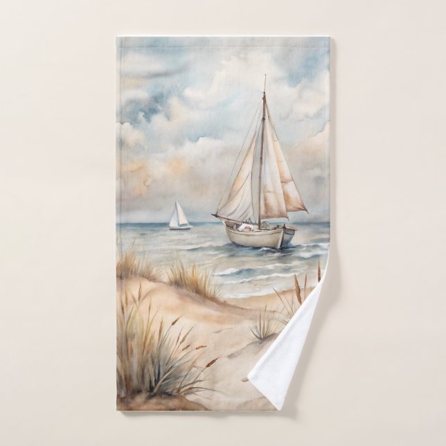 Peaceful Sailing Watercolor Coastal Bath Towel Set (Hand Towel)