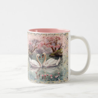 Peaceful Scene Swans on Lake - Teal Blush  Two-Tone Coffee Mug