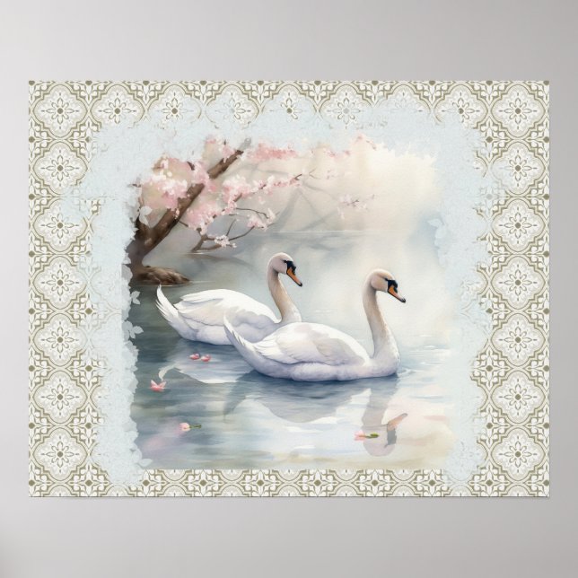 Peaceful Scene Swans on Lake - Teal Tan  Poster (Front)