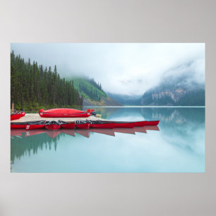 Peaceful Scenery Lake Louise with Red Canoes Poster
