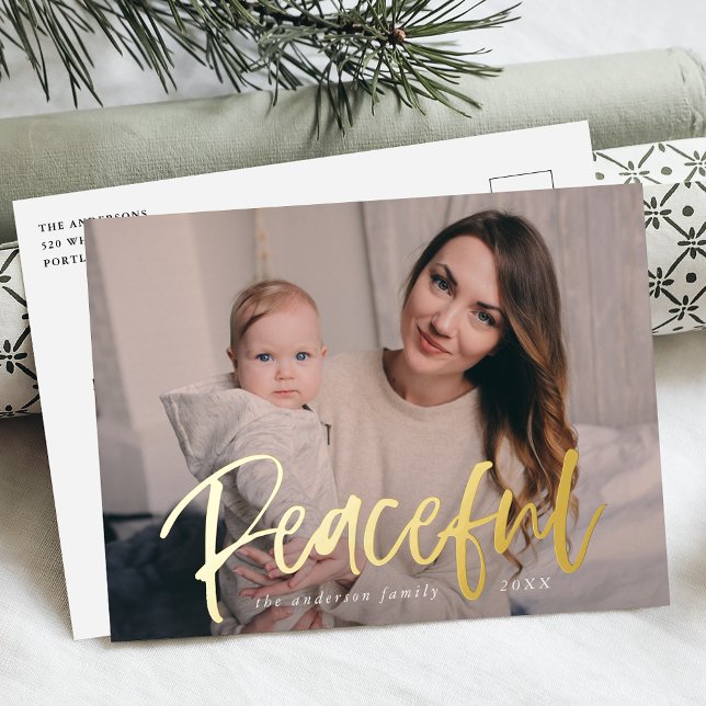 Peaceful Script Photo Foil Holiday Postcard (Creator Uploaded)