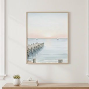 Peaceful Seascape Watercolor Pier Art Poster