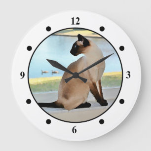 Peaceful Siamese Cat Painting Large Clock
