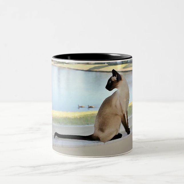 Peaceful Siamese Cat Painting Two-Tone Coffee Mug (Center)