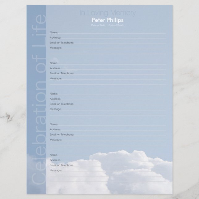 Peaceful Sky Clouds Memorial Book Filler Page (Front)