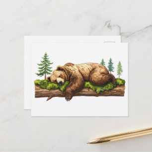 Peaceful Sleeping Grizzly Bear Forest Illustration Postcard