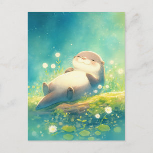 Peaceful Sleeping Otter in Summer Pond Postcard
