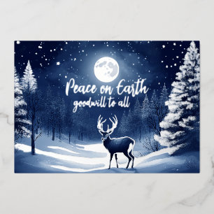 Peaceful Snow Winter Forest Full Moon and Buck Foil Holiday Card