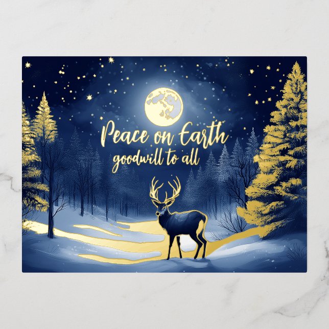 Peaceful Snow Winter Forest Full Moon and Buck Foil Holiday Postcard (Front)
