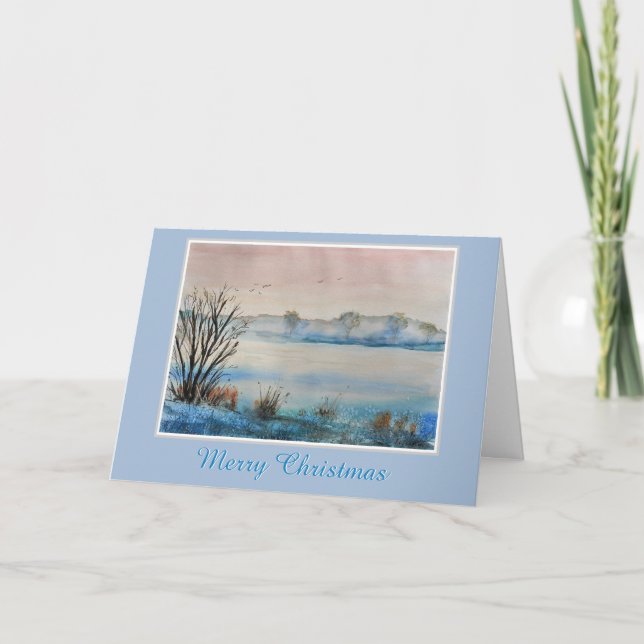 Peaceful Snowy Winter Lake Scene Christmas Holiday Card (Front)