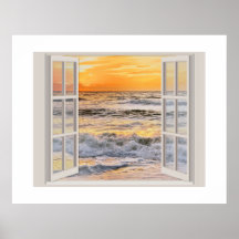 Peaceful sunset seashore seen through open window
