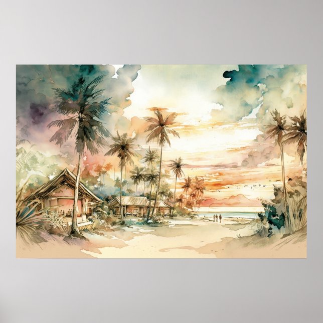 Peaceful Sunset Tropical Beach Watercolor Poster (Front)