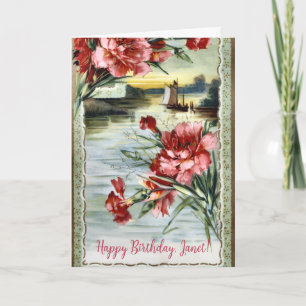 Peaceful Vintage Scene Sailboats Flowers Birthday Card