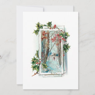 Peaceful Vintage Winter Snow Scene with Holly Holiday Card