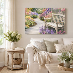 Peaceful Watercolor Flower Garden & Bench  Canvas Print