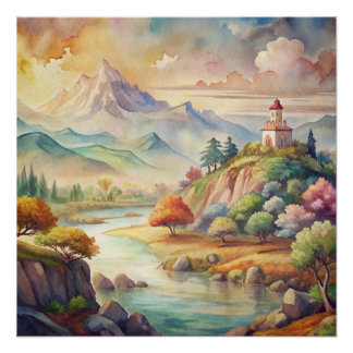 Peaceful Watercolor Mountain River Scene Poster