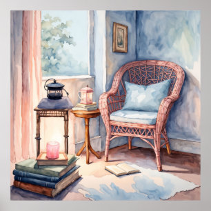 Peaceful Watercolor Reading Nook Art Print