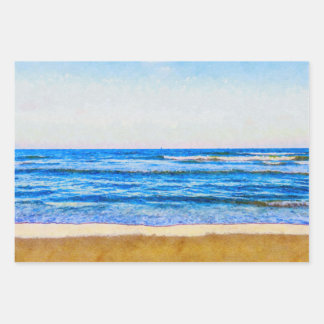 Peaceful Watercolor Style Blue Ocean & Sandy Beach Wrapping Paper Sheet