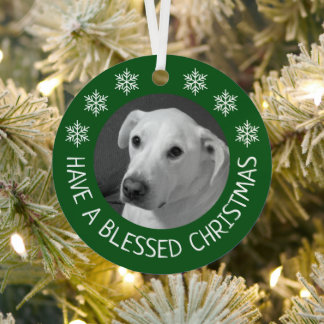 Peaceful White Dog Photo Merry Christmas Green Metal Tree Decoration