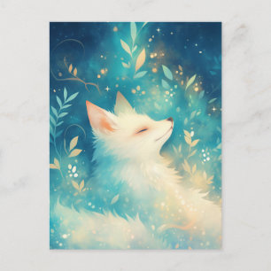 Peaceful White Fox in Glowing Teal Garden Postcard