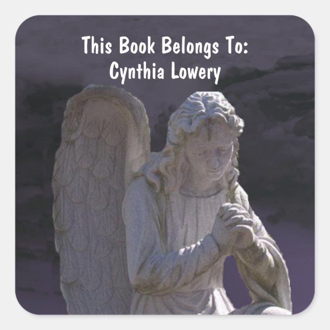 Peaceful White Stone Praying Angel Statue Purple Square Sticker (Front)