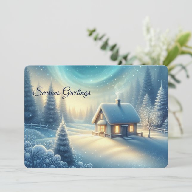 Peaceful Winter Cabin Seasons Greetings Flat Card  (Standing Front)