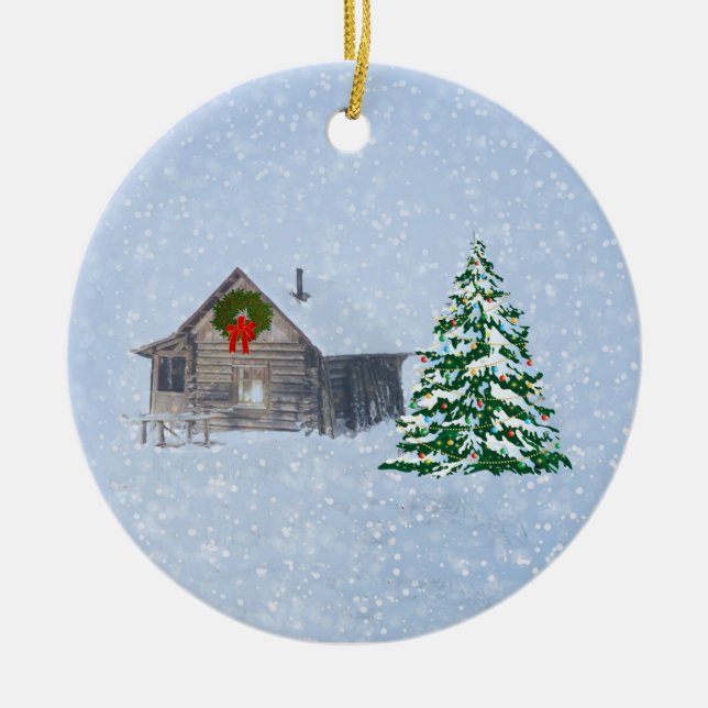 Peaceful Winter Christmas Cabin Ceramic Tree Decoration (Front)