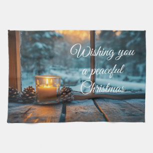 Peaceful winter Christmas decoration in the window Tea Towel