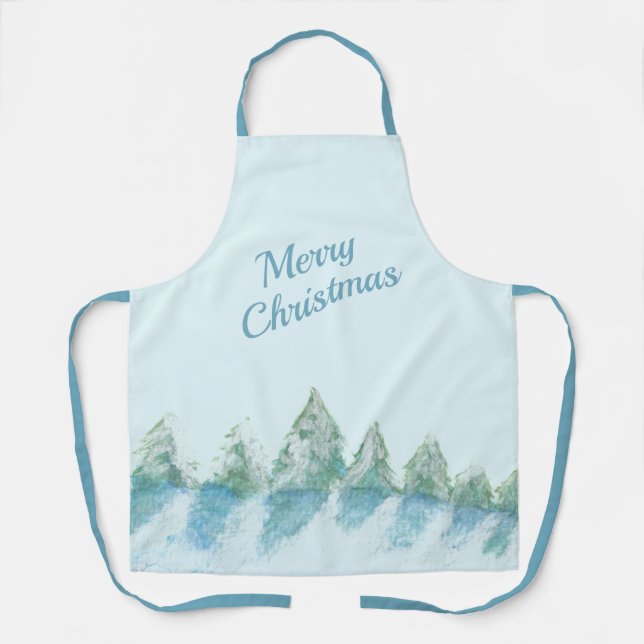 Peaceful Winter Forest Snow Watercolor Christmas Apron (Front)