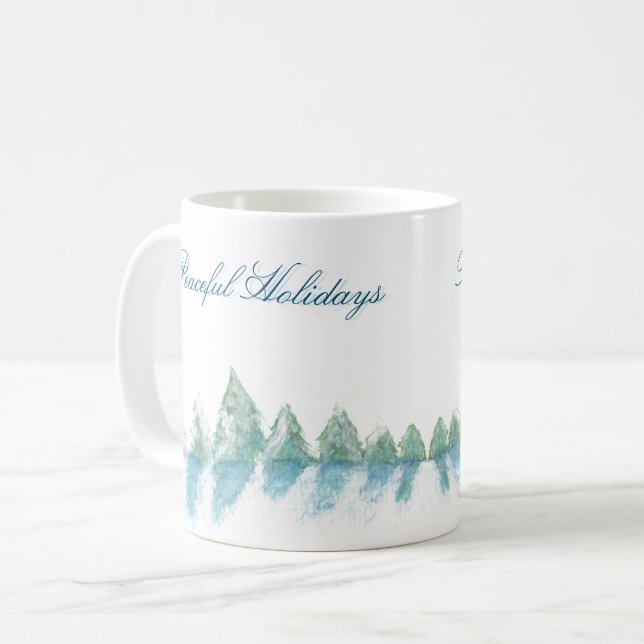 Peaceful Winter Forest Tree Watercolor Christmas Coffee Mug (Front Left)