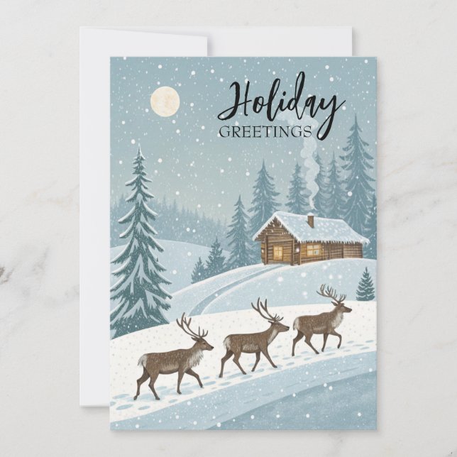 Peaceful Winter Snow Reindeers Season's Greetings  Holiday Card (Front)