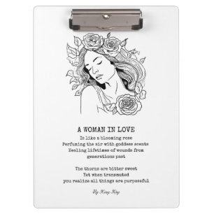 Peaceful woman, black and white rose wall art clipboard
