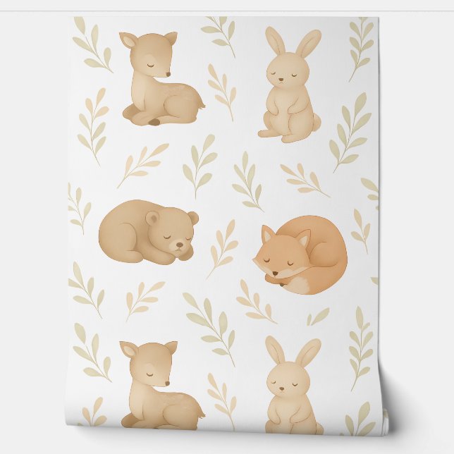Peaceful Woodland Friends Nursery Wallpaper Neutra (Unrolling)