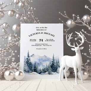 Peaceful Woodland Pine Trees Snow Mountain Wedding Invitation