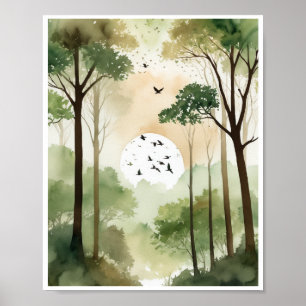 Peaceful woodland single tree chirping birds poster