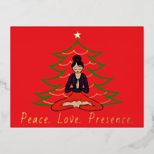Peaceful Yoga Girl in front of Christmas Tree Foil Holiday Postcard
