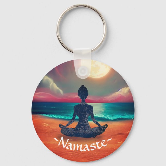Peaceful Yoga Meditation Moonlight Sky Ocean Beach Key Ring (Front)