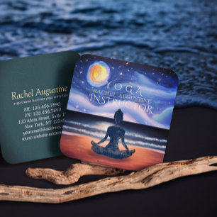 Peaceful Yoga Meditation Moonlight Sky Ocean Beach Square Business Card