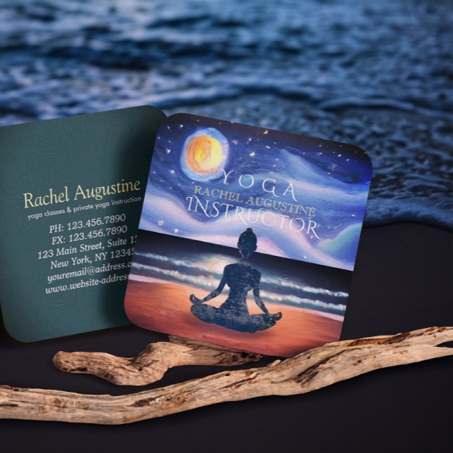 Peaceful Yoga Meditation Moonlight Sky Ocean Beach Square Business Card (Creator Uploaded)