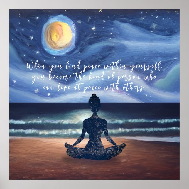 Peaceful Yoga Meditation Moonlight Sky Ocean Quote Poster (Front)