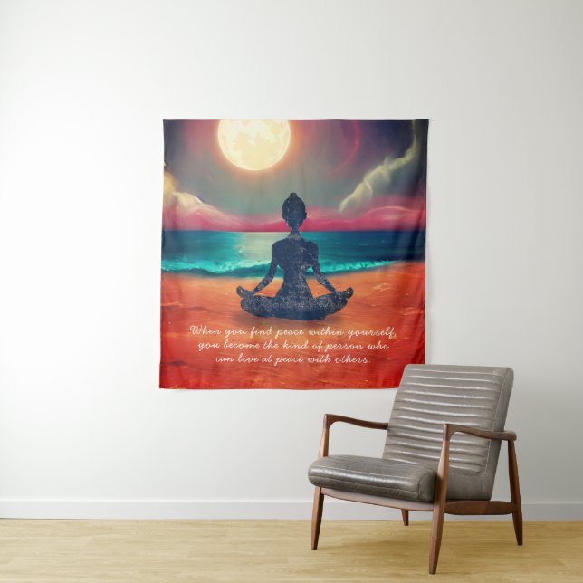 Peaceful Yoga Meditation Moonlight Sky Ocean Quote Tapestry (In Situ)