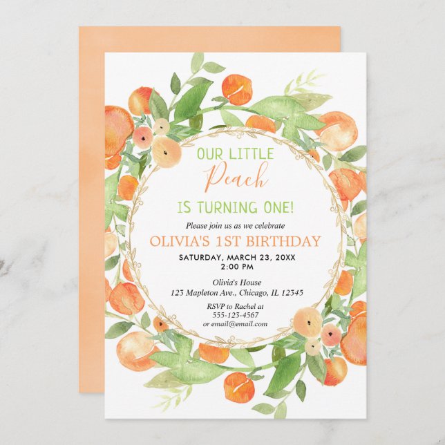 Peach 1st birthday girl invitations, peaches theme invitation (Front/Back)
